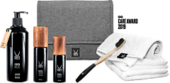 Ebenholz All-In-One-Pflege-Set 1 = Kulturtasche + Seiftuch + Holzzahnbürste + Cedrus 330ml + Kraftpflege 60ml + Augenserum 30ml