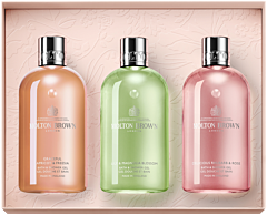 Molton Brown Floral&Fruity Body Care Coll. = Grace.Apricot&Freesia Bath&Show.Gel 300ml+Lily&Magno.Bloss.Bath&Show.Gel 300ml+Del. Rhubarb & Rose Bath&Show.Gel 300ml
