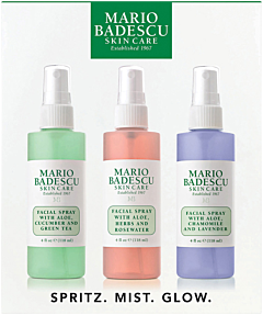 Mario Badescu Spritz Mist Glow Set = Facial Spr. w. Aloe, Cucumber  Green Tea + Facial Spr. w. Aloe, Herbs  Rosewater + Facial Spr. w.  Aloe, Chamomile  Laven.
