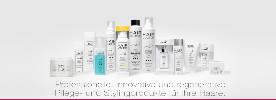 Pflege- und Stylingprodukte der Marke Hair Doctor in weißen Verpackungen stehen aufgereiht vor hellem Hintergrund. Darunter der Text: „Professionelle, innovative und regenerative Pflege- und Stylingprodukte für Ihre Haare.“