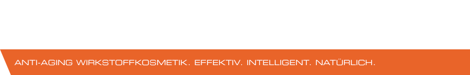 Orangefarbener Balken mit weißem Text: „ANTI-AGING WIRKSTOFFKOSMETIK. EFFEKTIV. INTELLIGENT. NATÜRLICH.“