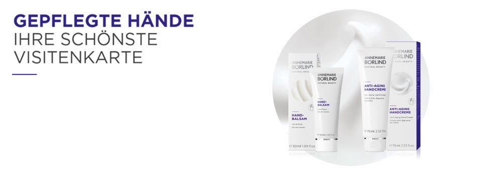 Vier Handpflegeprodukte in Weiß, kreisförmig präsentiert auf hellem Untergrund – Text: ‚Gepflegte Hände.