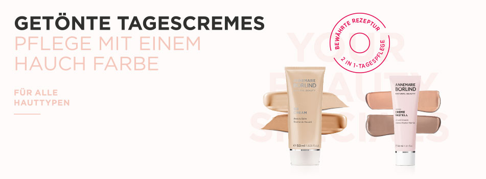Naturgetönte Tagescremes mit leichtem Farbeffekt, Produkte in sanften Hauttönen, Text: ‚Pflegende Tönung mit Hauch Farbe