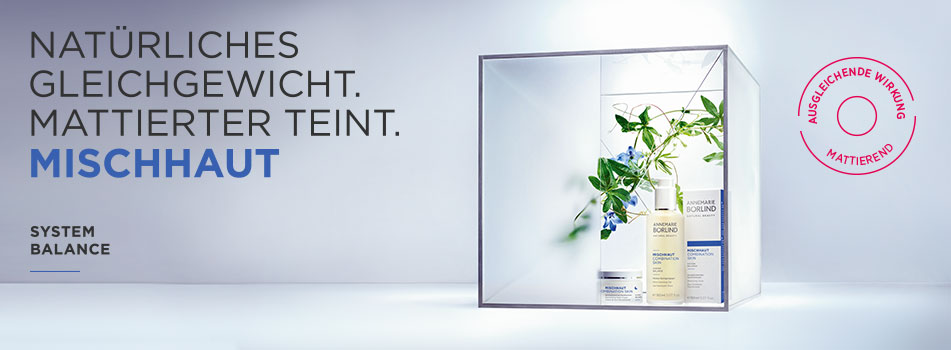 „Produktlinie für Mischhaut, gekennzeichnet durch grüne Pflanzenillustrationen und ausgleichende Formulierungen