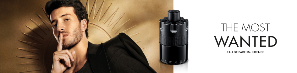 Azzaro The Most Wanted Eau de Parfum Intense – Werbekampagne mit einem charismatischen Mann in Schwarz vor goldener Sonne und dem eleganten schwarzen Parfümflakon.
