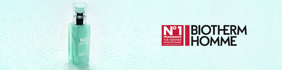 Werbung für Biotherm Homme Feuchtigkeitspflege. Eine mintgrüne Flasche steht auf einer nassen, strukturierten Oberfläche. Rechts im Bild das Logo 'Biotherm Homme' mit einem roten Siegel: 'Nr. 1 Pflegemarke für Männer in Deutschland'.