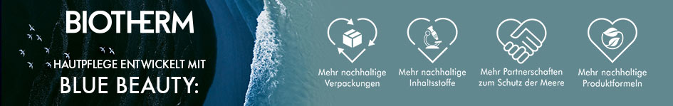 Banner zur Biotherm Blue Beauty Initiative mit Luftaufnahme einer Küste und fliegenden Vögeln. Text: 'Hautpflege entwickelt mit Blue Beauty'. Rechts vier Icons mit Herzsymbolen und Beschriftung: nachhaltige Verpackungen, nachhaltige Inhaltsstoffe, Meeresschutz-Partnerschaften und nachhaltige Produktformeln.