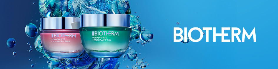 Werbung für Biotherm Aquasource Pflegeprodukte. Zwei Tiegel, einer in Rosa mit der Aufschrift 'Giga Nutri-Cream' und einer in Grün mit 'Hyaluronic Plump Gel', stehen vor einem Hintergrund aus blauen Wasserblasen. Rechts im Bild ist das Biotherm-Logo auf hellblauem Farbverlauf zu sehen.