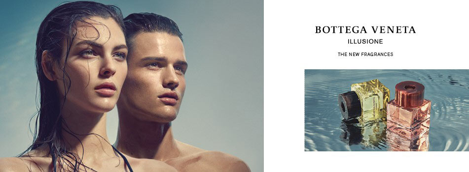 Werbemotiv für Bottega Veneta Illusione: Ein Mann und eine Frau mit nasser Haut blicken ernst in die Ferne. Daneben zwei Parfumflakons in Gold und Rosé liegen auf Wasser, darüber der Schriftzug „Bottega Veneta – Illusione – The New Fragrances“.
