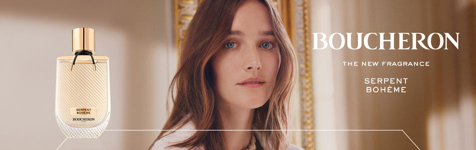 Werbung für Boucheron Parfum 'Serpent Bohème'. Links ist der goldene Flakon mit Schlangenleder-Optik abgebildet, rechts eine Frau mit langen Haaren. Daneben der Schriftzug 'Boucheron – The New Fragrance – Serpent Bohème'.