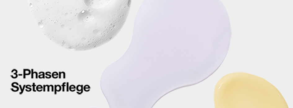 Nahaufnahme dreier Texturen – schäumend, gelartig lila und cremig gelb – mit dem Text '3-Phasen Systempflege' auf weißem Hintergrund.