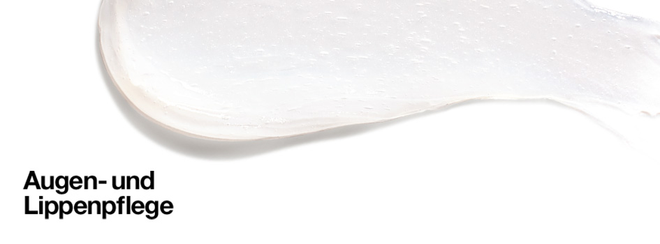 Nahaufnahme einer weißen Pflegecreme-Textur mit dem Text 'Augen- und Lippenpflege' auf weißem Hintergrund.