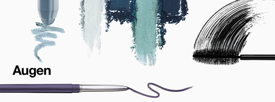 Grafische Darstellung verschiedener Augen-Make-up-Produkte wie Kajalstriche, Lidschatten und eine Mascara-Bürste mit schwarzem Farbauftrag. Links unten steht der Text 'Augen'.