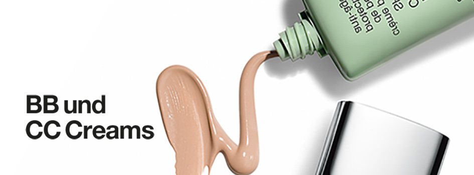 Beige BB- oder CC-Cream, die aus einer grünen Tube fließt, daneben der Text 'BB und CC Creams' auf weißem Hintergrund.
