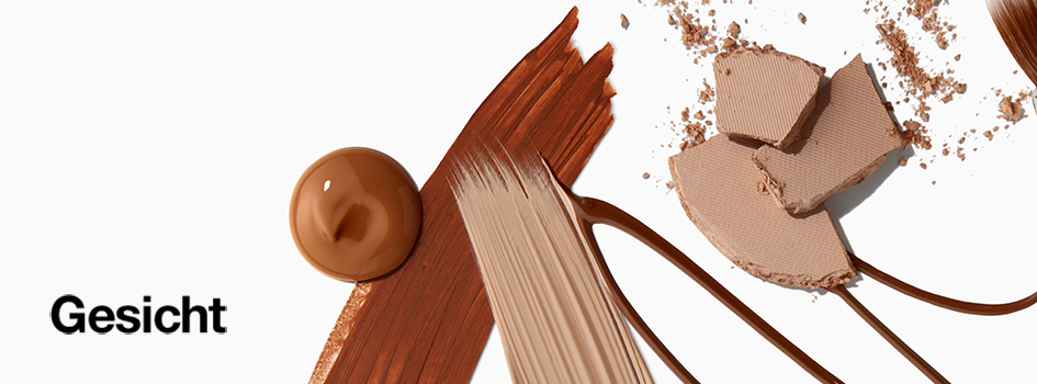 Textur von Foundation, Concealer und gepresstem Puder in verschiedenen Brauntönen auf hellem Hintergrund, daneben der Schriftzug 'Gesicht'.