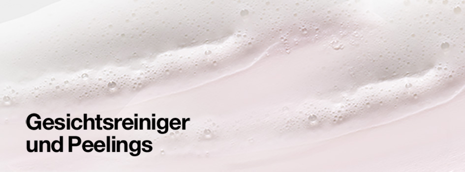 Text 'Gesichtsreiniger und Peelings' auf einem Hintergrund mit cremigem, rosafarbenem Schaum, der an Reinigungs- oder Peelingprodukte erinnert.