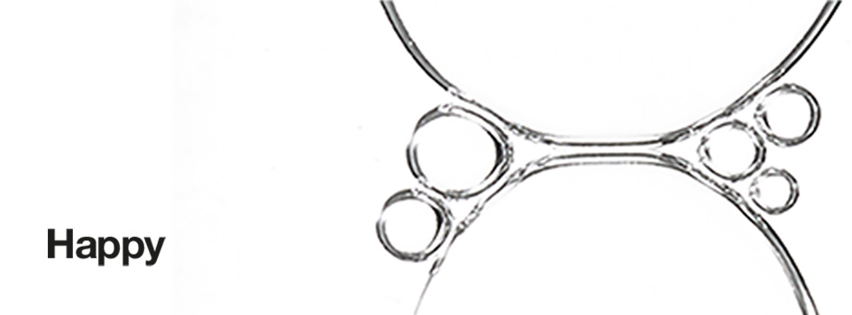 Transparente, sich überschneidende Blasen auf weißem Hintergrund, links steht in schwarzer Schrift das Wort 'Happy'.
