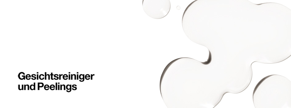 Transparente Reinigungs- und Peelingtexturen auf weißem Hintergrund. Links unten steht der Text 'Gesichtsreiniger und Peelings' in schwarzer Schrift.