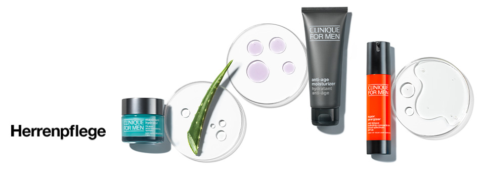 Pflegeprodukte von Clinique for Men: Feuchtigkeitscreme, Anti-Age-Moisturizer und Augenpflege, daneben Laborplatten mit Aloe Vera und Serumtexturen. Links der Schriftzug 'Herrenpflege'.
