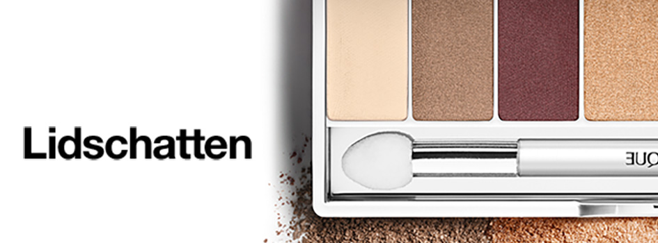 Lidschatten-Palette mit vier warmen Farbtönen und Applikator, daneben Text 'Lidschatten' auf weißem Hintergrund.