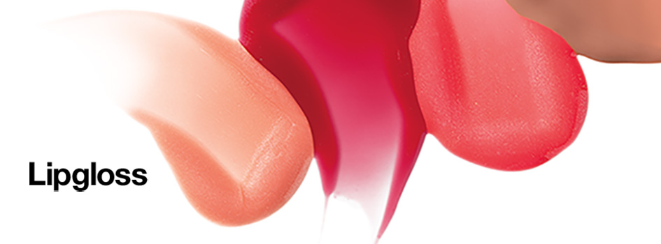 Drei geschwungene Lipgloss-Texturen in Pfirsich, Fuchsia und Koralle auf weißem Hintergrund. Links im Bild steht in schwarzer Schrift 'Lipgloss'.