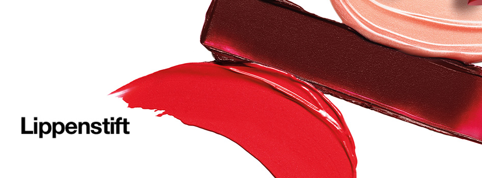 Lippenstift-Texturen in kräftigem Rot, dunklem Burgunderrot und zartem Rosé auf weißem Hintergrund. Der Schriftzug 'Lippenstift' steht in schwarzer Schrift links im Bild.