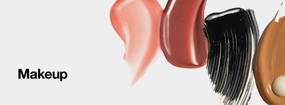 Makeup-Texturen in verschiedenen Farben: Pfirsich, Bordeaux, Schwarz (Mascara), und Beige (Foundation) auf hellem Hintergrund mit dem Schriftzug 'Makeup'.