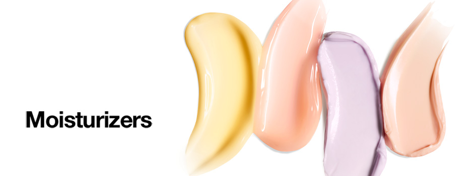 Text 'Moisturizers' links auf weißem Hintergrund. Rechts daneben vier farbige Cremetexturen in Gelb, Apricot, Flieder und Pfirsich, die verschiedene Feuchtigkeitspflegen darstellen.
