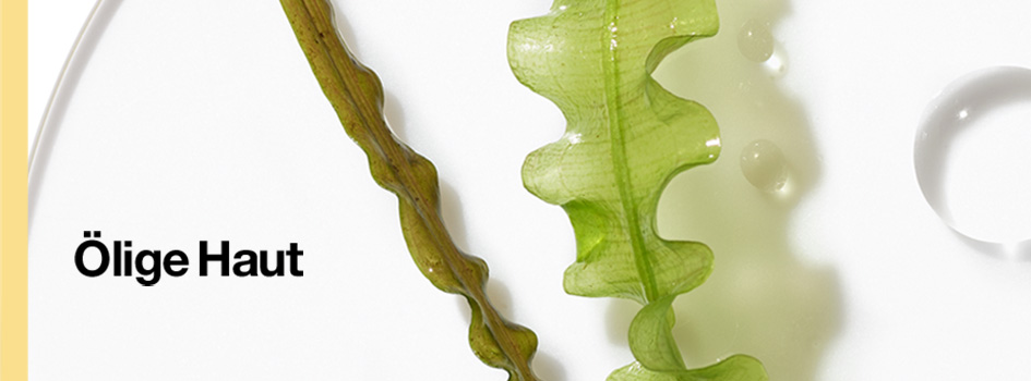 Text 'Ölige Haut' auf weißem Hintergrund. Rechts davon zwei grüne Pflanzenblätter mit glänzenden Tropfen auf einer Glasplatte.
