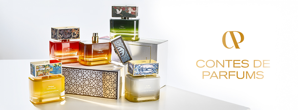 Eine edle Sammlung von Contes de Parfums Flakons, arrangiert auf einem luxuriösen Hintergrund.