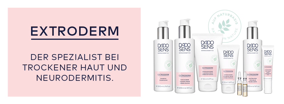 DADO SENS EXTRODERM – Pflegeserie für trockene Haut und Neurodermitis. Links steht ein rosa Kasten mit dem Text 'Der Spezialist bei trockener Haut und Neurodermitis'. Rechts daneben sind acht verschiedene Produkte der EXTRODERM-Serie abgebildet, darunter Lotionen, Cremes, Ampullen und eine Tube, alle in Weiß mit rosa Akzenten.
