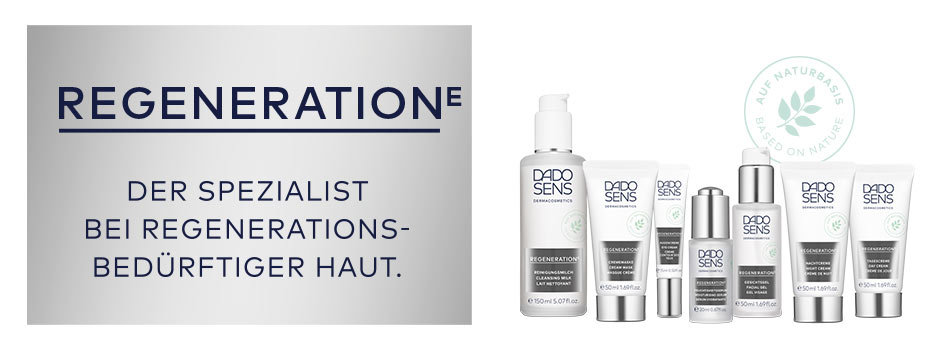 DADO SENS REGENERATION E – Pflegeserie für regenerationsbedürftige Haut. Links auf silbergrauem Hintergrund steht: 'Der Spezialist bei regenerationsbedürftiger Haut'. Rechts stehen sieben Pflegeprodukte in weiß-silberner Verpackung mit dem Label 'Based on Nature'.