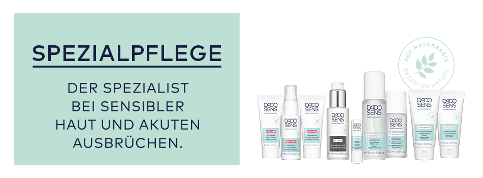DADO SENS SPEZIALPFLEGE – Produkte für sensible Haut und akute Hautausbrüche. Links steht auf mintgrünem Hintergrund: 'Der Spezialist bei sensibler Haut und akuten Ausbrüchen'. Rechts sind acht DADO SENS Produkte in weißer Verpackung mit türkisfarbenen und rosa Akzenten abgebildet. Ein Siegel 'Based on Nature' ist im Hintergrund zu sehen.