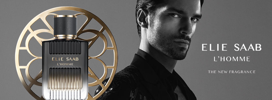 Werbung für das Parfum Elie Saab L'Homme mit einem stilvollen Mann in Schwarz-Weiß und einer edlen Parfumflasche vor goldenem Ornament.