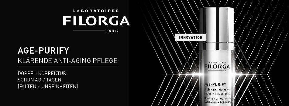 Filorga Age-Purify Produkt mit silberner Verpackung vor schwarzem Hintergrund mit weißen Linien und Punkten. Links im Bild Text: Age-Purify – Klärende Anti-Aging Pflege, Doppel-Korrektur schon ab 7 Tagen gegen Falten und Unreinheiten. Rechts ein Etikett mit 'Innovation'.