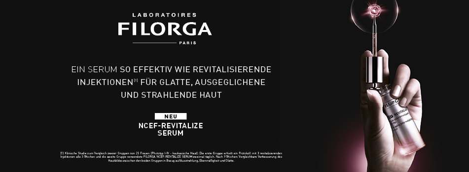 Werbung für das Filorga NCEF-Revitalize Serum. Links Text: 'Ein Serum so effektiv wie revitalisierende Injektionen für glatte, ausgeglichene und strahlende Haut'. Rechts eine Hand, die das Serum hält, mit leuchtendem Tropfen am Pipettenaufsatz vor dunklem Hintergrund.