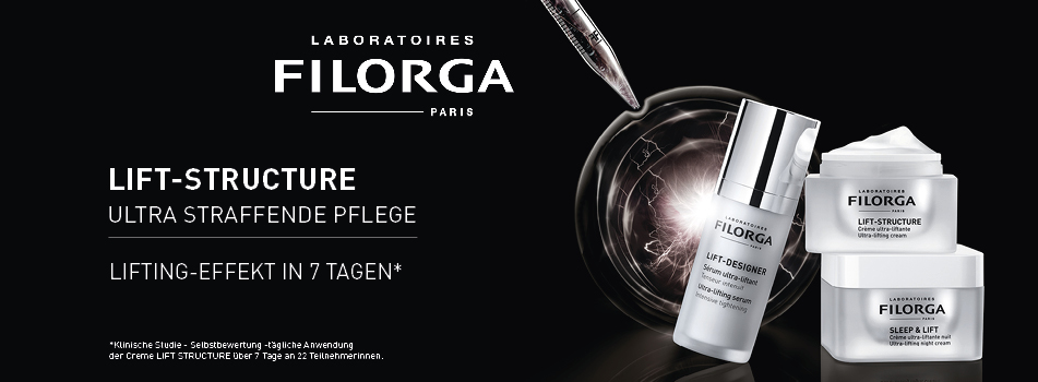Filorga Lift-Structure ultra straffende Pflegeprodukte vor schwarzem Hintergrund mit weißem Lichtkreis und Pipette. Drei Produkte sind abgebildet: ein Serum und zwei Cremes. Links im Bild steht: Lift-Structure – Ultra straffende Pflege. Lifting-Effekt in 7 Tagen.