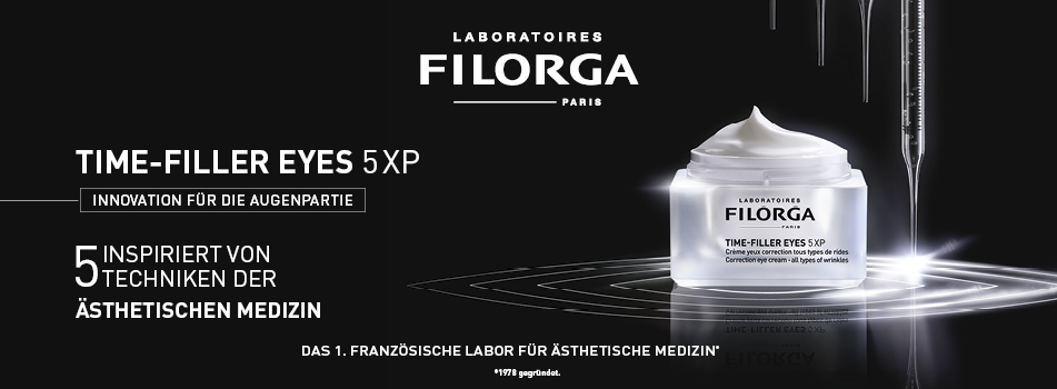 Filorga Time-Filler Eyes 5XP Creme vor schwarzem Hintergrund mit Pipetten und futuristischen Linien. Links steht in Weiß: Time-Filler Eyes 5XP – Innovation für die Augenpartie. 5 inspiriert von Techniken der ästhetischen Medizin.