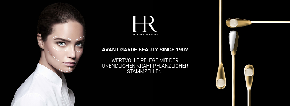 Werbebild von Helena Rubinstein: Eine Frau mit glatter Haut und eingezeichneten Pflege-Linien im Gesicht blickt nach vorn. Links das Logo „HR Helena Rubinstein“, daneben goldene Pflegeapplikatoren und der Text „Avant Garde Beauty since 1902 – Wertvolle Pflege mit der unendlichen Kraft pflanzlicher Stammzellen“.