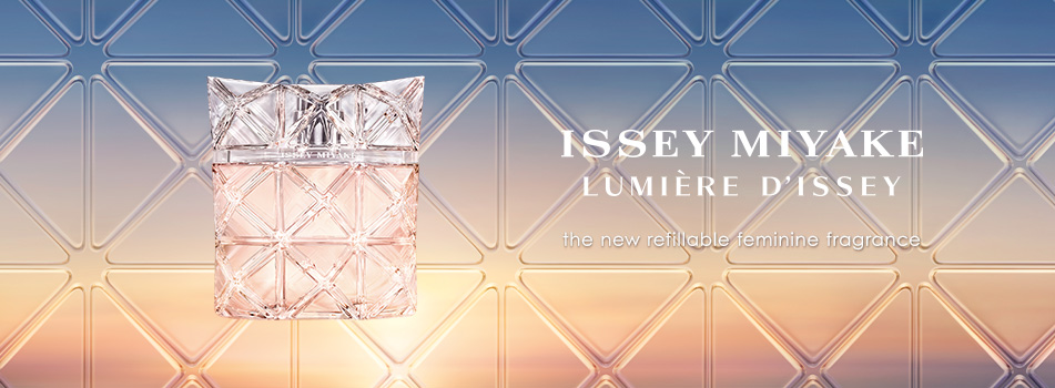 Issey Miyake Lumière d’Issey Damenparfum Flakon vor geometrischem Hintergrund, nachfüllbarer Duft