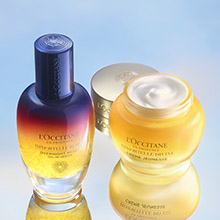 L'OCCITANE Gesichtscreme und Serum in eleganten gold-blauen Gläsern mit Spiegelreflexion.