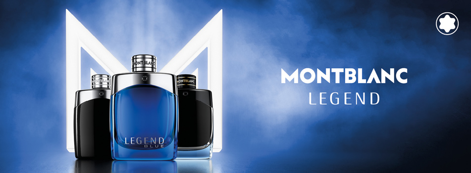 Drei Montblanc Legend Herrendüfte vor einem leuchtenden M auf blauem Hintergrund, im Fokus steht der neue Legend Blue Flakon